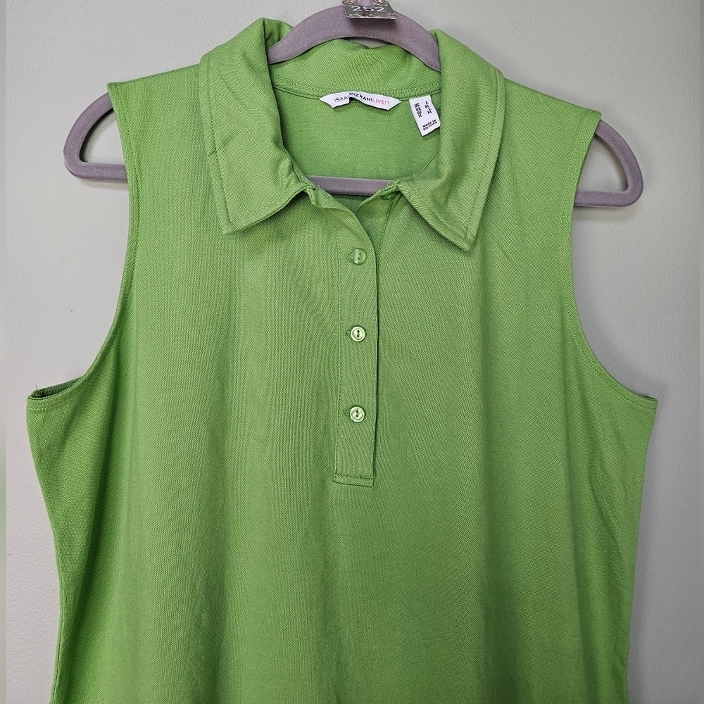 Isaac Mizrahi Live Green Sleeveless Polo Dress w Buttons, Collar, Ruffle Hem, L - Picture 5 of 9